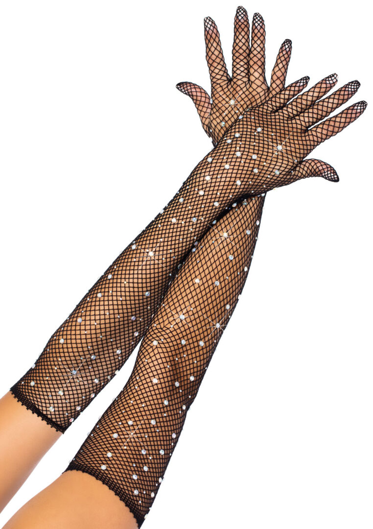 Black Color Rhinestone Fishnet Long Gloves