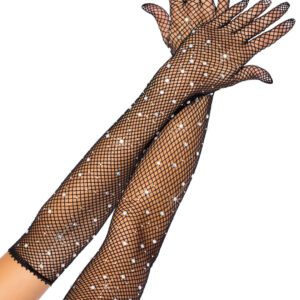Rhinestone Fishnet Long Gloves Black