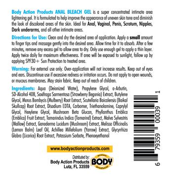 Body Action anal bleach gel product label