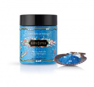 Blue bath salts jar with seashell