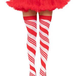 Candy Cane Thigh High - One Size - White/red